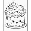 A cute cartoon cupcake with a smiling face, topped with swirls of frosting and drizzled with chocolate, on a plate.