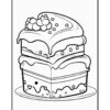 A playful illustration of a two-tiered cake with a smiling face, topped with frosting and decorative berries.