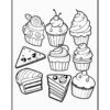 A collection of cute, outlined desserts including cupcakes, a slice of cake, and assorted frosting designs, suitable for coloring.