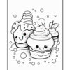 Smiling ice cream cones and cupcakes in a playful, whimsical style, designed for coloring.