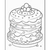 A three-layered cake decorated with frosting, sprinkles, and topped with berries, designed for coloring.