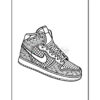 A black and white coloring page featuring a decorated high-top sneaker with intricate patterns.