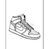 Line art illustration of a sneaker design with detailed stitching and brand logo, suitable for coloring.