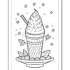 A detailed coloring page featuring a tall ice cream cup topped with swirled ice cream, a straw, surrounded by stars and a plate of strawberries.