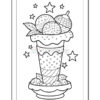 A black and white coloring page featuring an ice cream sundae topped with round scoops, leaves, and stars, presented on a plate with decorative details.
