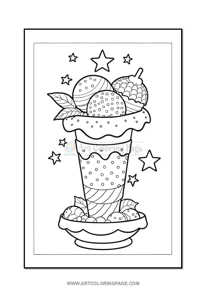 A black and white coloring page featuring an ice cream sundae topped with round scoops, leaves, and stars, presented on a plate with decorative details.