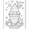 A detailed coloring page featuring an ice cream cone topped with swirled ice cream, surrounded by stars and fruits.