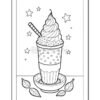A black and white coloring page featuring a frosty dessert in a cup with a swirl on top, surrounded by stars and leaves.