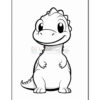 A cute cartoon dinosaur character stands smiling, with a rounded body and spiky back. It appears to be a coloring page design.