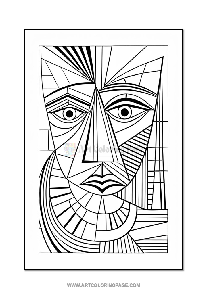 Geometric black and white illustration of a stylized face with abstract shapes and lines.