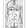 A stylized black and white line drawing of a woman's face, featuring geometric shapes and bold outlines.