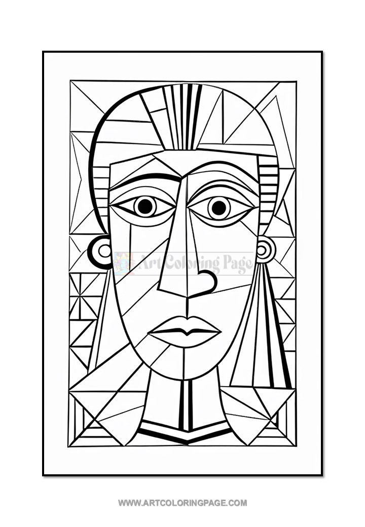 A stylized black and white line drawing of a woman's face, featuring geometric shapes and bold outlines.