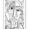 A black and white abstract line drawing of a face with geometric patterns and sharp angles.