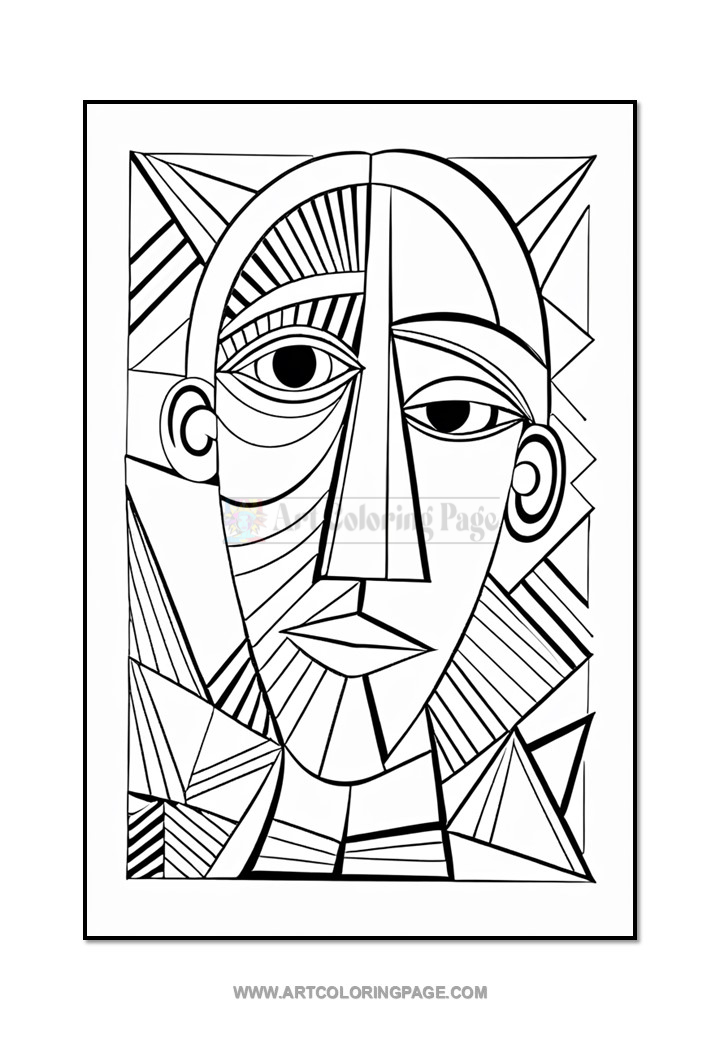 A black and white abstract line drawing of a face with geometric patterns and sharp angles.