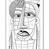 Line art illustration depicting a stylized face with geometric shapes and bold outlines, inspired by Picasso.