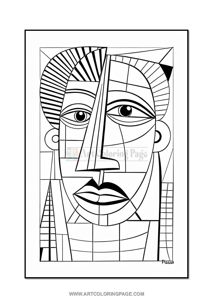 Line art illustration depicting a stylized face with geometric shapes and bold outlines, inspired by Picasso.