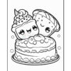 A cartoon-style drawing featuring a cake topped with two smiling desserts: a cupcake with frosting and a slice of pie.