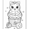 Cute cartoon cat face on top of a cupcake, decorated with stars and flowers, outlined for coloring.