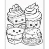 Four cute, cartoon-style desserts including decorated cupcakes and a slice of cake, designed for coloring.