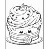 A cute cartoon cupcake with a smiling face, topped with swirls of frosting and colorful sprinkles, sitting on a plate.