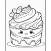 A cute cartoon cupcake with a smiling face, decorated with frosting and a flower on top, in a coloring page style.