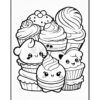 A collection of cute cartoon cupcakes with various toppings, arranged in a stacked formation, all outlined for coloring.