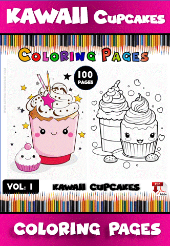 Cute kawaii cupcakes illustrated for a coloring book, featuring two designs on a coloring page with colorful pencils in the background.