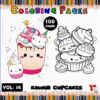 Kawaii cupcakes coloring pages layout featuring a colorful cupcake design and a black-and-white outline for coloring.