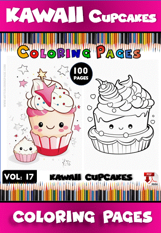 Coloring pages featuring cute kawaii cupcakes, ideal for a coloring book on artcoloringpage.com, with 100 pages to choose from.