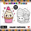 Cute cupcake illustrations featured on a coloring book page from artcoloringpage.com, highlighting coloring pages with 100 designs.