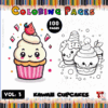 Kawaii cupcakes coloring pages from artcoloringpage.com, featuring a vibrant colored cupcake and its black-and-white illustration.