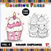 Kawaii cupcakes coloring pages from a coloring book, featuring designs of cute cupcakes with a birthday candle and happy faces.