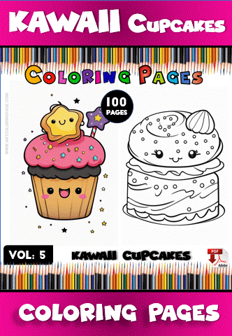 Kawaii cupcakes coloring pages from artcoloringpage.com, featuring a cheerful cupcake with a star and a decorated cake.