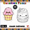 Kawaii cupcakes coloring pages from a coloring book featuring cute designs and 100 pages for fun activities at artcoloringpage.com.