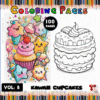 Kawaii cupcakes coloring pages featuring a colorful cupcake illustration alongside a black-and-white outline, from artcoloringpage.com.