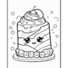 A cute, cartoonish cake with a smiling face, topped with a cherry and surrounded by bubbles, resting on a plate with small donuts.