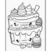 A cute cartoon cake with frosting, colorful sprinkles, and a sad expression, featuring small pastries on top.