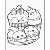 A coloring page featuring cute cupcakes and pastries with cheerful faces, including a cupcake topped with a cherry and one with a strawberry.
