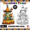Colorful pumpkin fairy houses featured on pages from a cozy coloring book, highlighting designs for cozy coloring pages.
