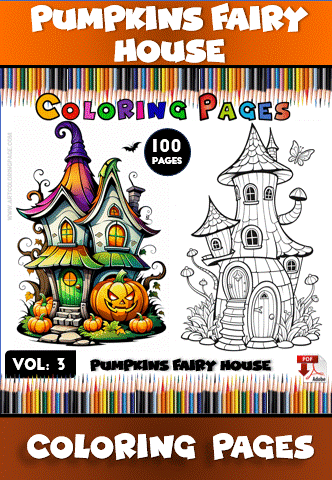 Coloring pages from the cozy coloring book featuring whimsical pumpkin fairy houses, suitable for artcoloringpage.com.
