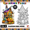 Colorful illustration of a whimsical pumpkin fairy house with a jack-o'-lantern, along with a black and white outline for coloring.