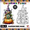 A cozy coloring book page featuring a whimsical fairy house with pumpkins, inviting for creativity at artcoloringpage.com.