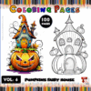 Coloring page featuring a whimsical pumpkin fairy house with a spooky design, perfect for cozy coloring book enthusiasts. Visit artcoloringpage.com for more cozy coloring pages.