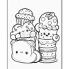A stack of cute desserts, including various ice creams and a cupcake, in a playful cartoon style suitable for coloring.