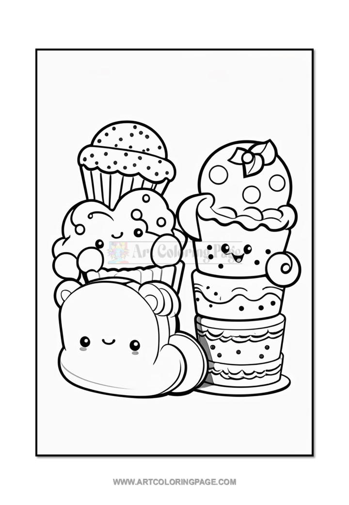 A stack of cute desserts, including various ice creams and a cupcake, in a playful cartoon style suitable for coloring.