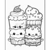 Drawing of cute, cartoon-style cupcakes with smiling faces, featuring various designs and decorations.