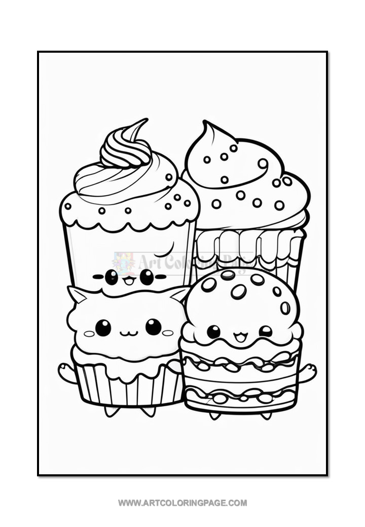 Drawing of cute, cartoon-style cupcakes with smiling faces, featuring various designs and decorations.