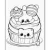 A cute, cartoon-style cupcake topped with smiling animal faces and decorative toppings, designed for coloring.