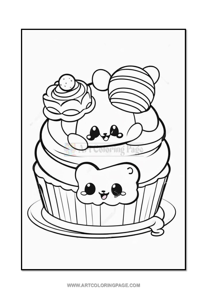 A cute, cartoon-style cupcake topped with smiling animal faces and decorative toppings, designed for coloring.