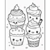 Four cute cartoon cupcakes with smiling faces, including two frosted cupcakes and a cone-shaped ice cream treat.